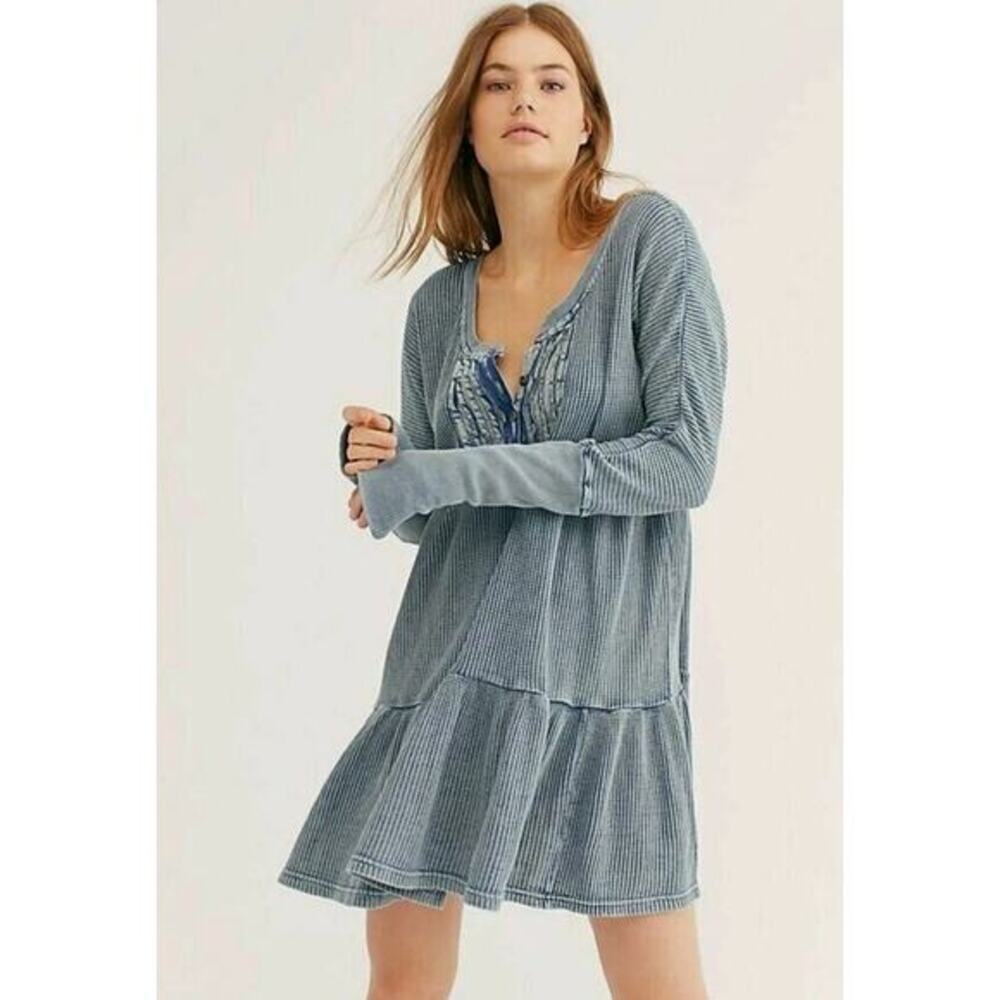 Free People blue acid wash waffle knit henley thermal dress